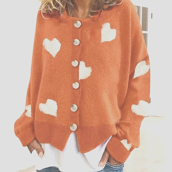 NWT Orange Button Up Cardigan Sweater with White Hearts - Picture 4 of 5